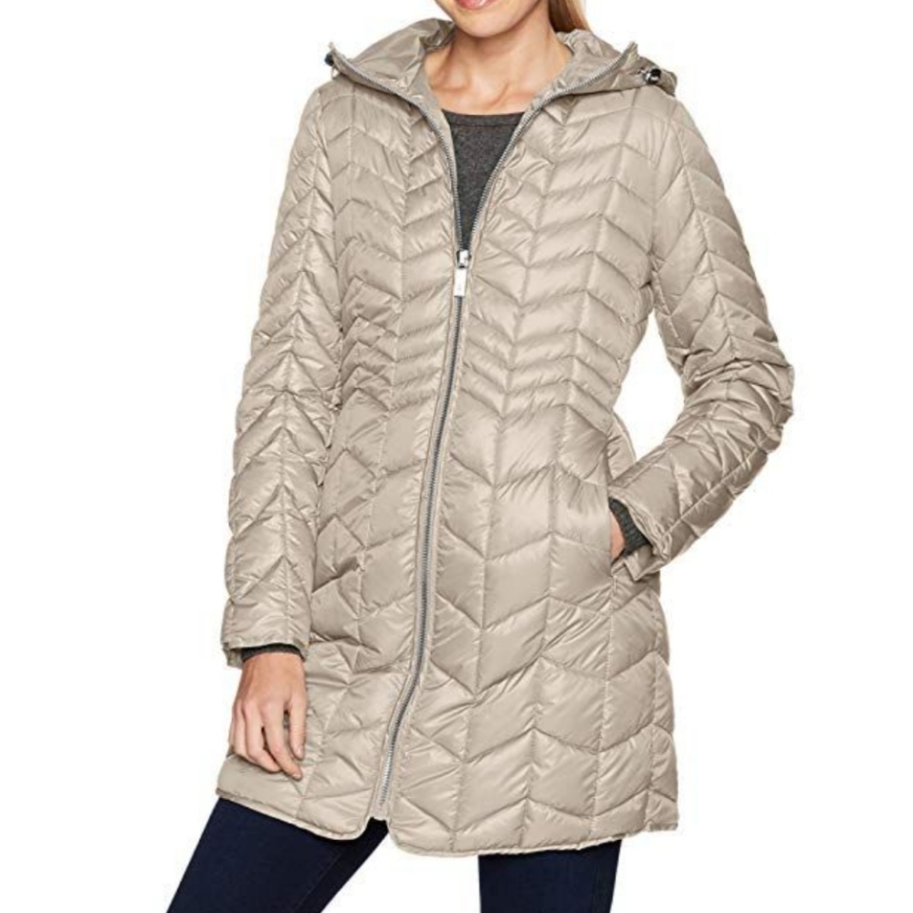 Kenneth Cole New York Hooded Chevron Quilted Puffer Coat Sz L - Picture 1 of 16